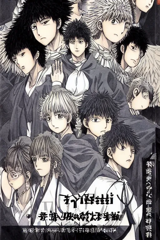 Image similar to manga cover, cover art for manga, full color, seinen manga by kentaro miura. text kanji hiragana on the cover simplistic minimalist stylized cover art, coherent professional