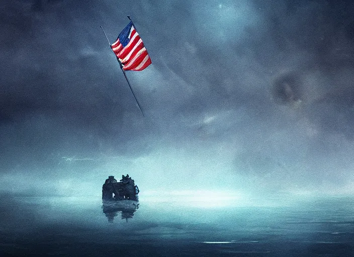 Image similar to astronaut holding a flag in an underwater desert. a submarine is visible in the distance. dark, concept art, cinematic, dramatic, atmospheric, 8 k, trending on artstation, blue, fish, low visibility, fog, ocean floor, christopher nolan, interstellar