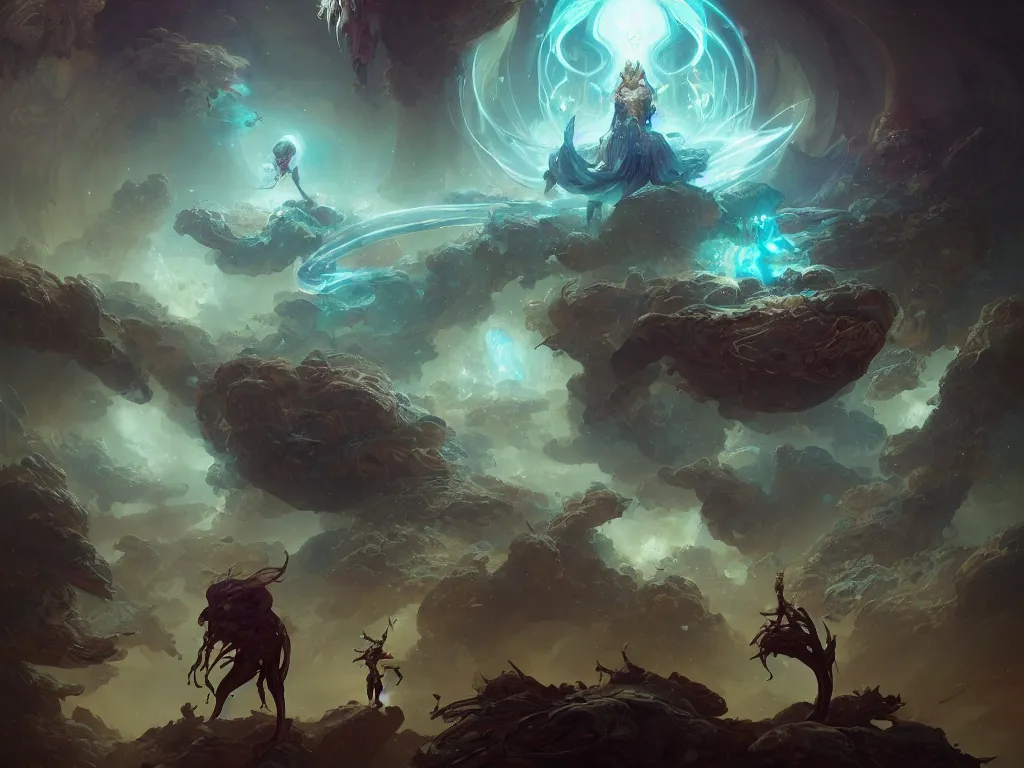 Image similar to the sentient psychic organoids at war with the mindless mystics on an ethereal astral plane, 8 k ultra realistic art, dynamic composition, digital art, intricate endless detail, occult magick, ethereal, imaginatively imagined, artstation, thom tenery, peter mohrbacher, sylvain sarrailh