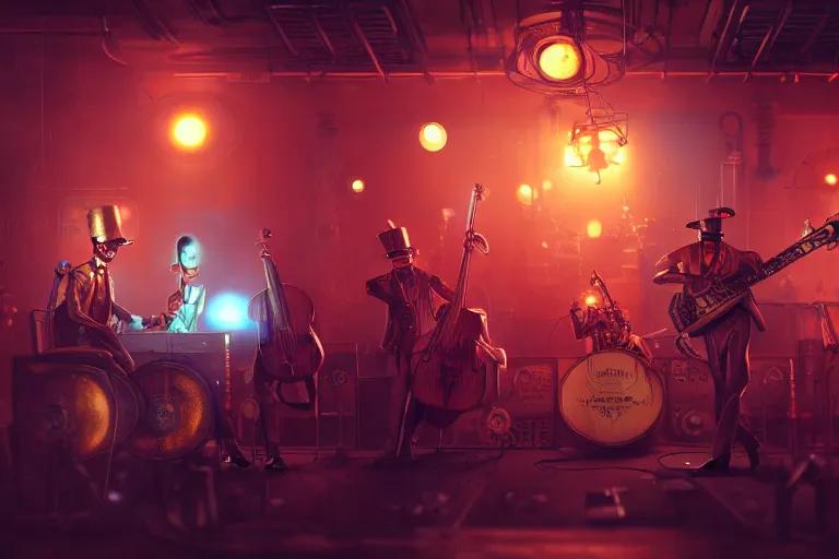 Prompt: 3 steampunk robot jazz musicians playing at a night club, focus on the musicians, cinematic lighting, exaggerated detailed, unreal engine, octane render, trending on artstation, art by greg rutkowski, 4 k