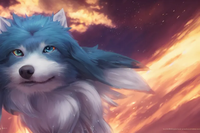 Image similar to blue eyed celestial dog, single subject, scenic full shot, ambient lighting, detailed face, by makoto shinkai, stanley artgerm lau, wlop, rossdraws