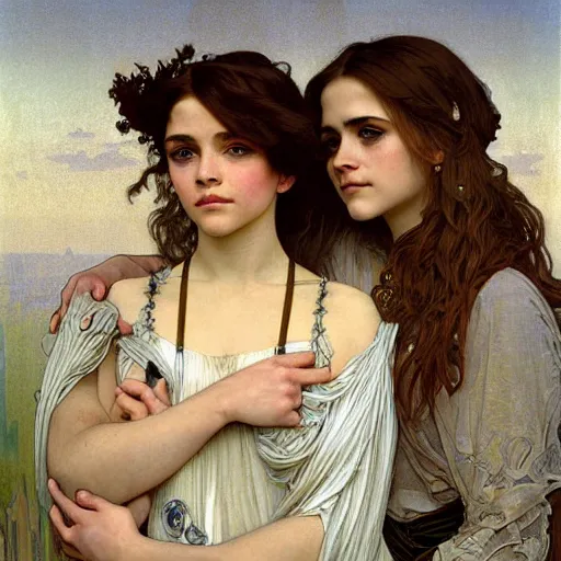 Prompt: detailed portrait art nouveau painting of a humanoid cyborg Chloe Grace Moretz, and Emma Watson with anxious, piercing eyes, by Alphonse Mucha, Michael Whelan, William Adolphe Bouguereau, John Williams Waterhouse,and Donato Giancola