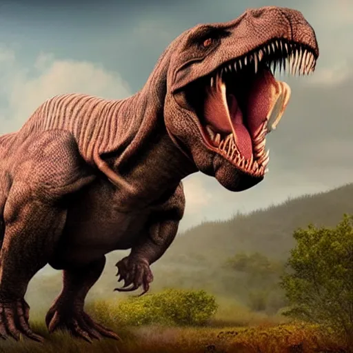 Image similar to A realistic photo of a mixture of Human and Tyrannosaurus, hyper-realistic, 8K HDR.