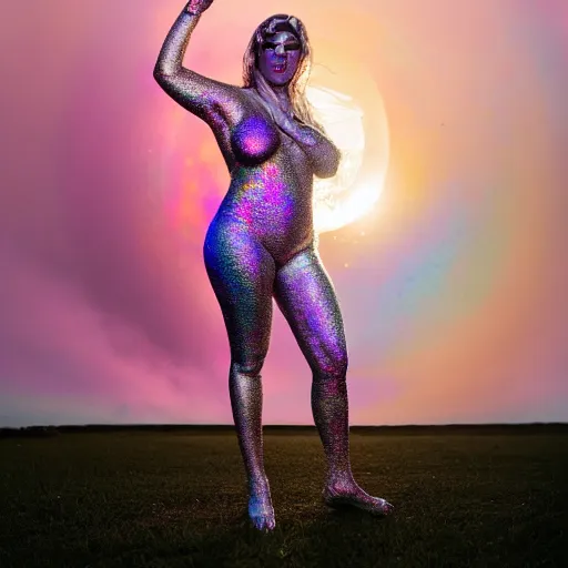 Image similar to portrait photo, a woman covered in intricate silver body paint and a purple florescent bikini inside a giant iridescent bubble floating above beautiful colorful pink sunset clouds