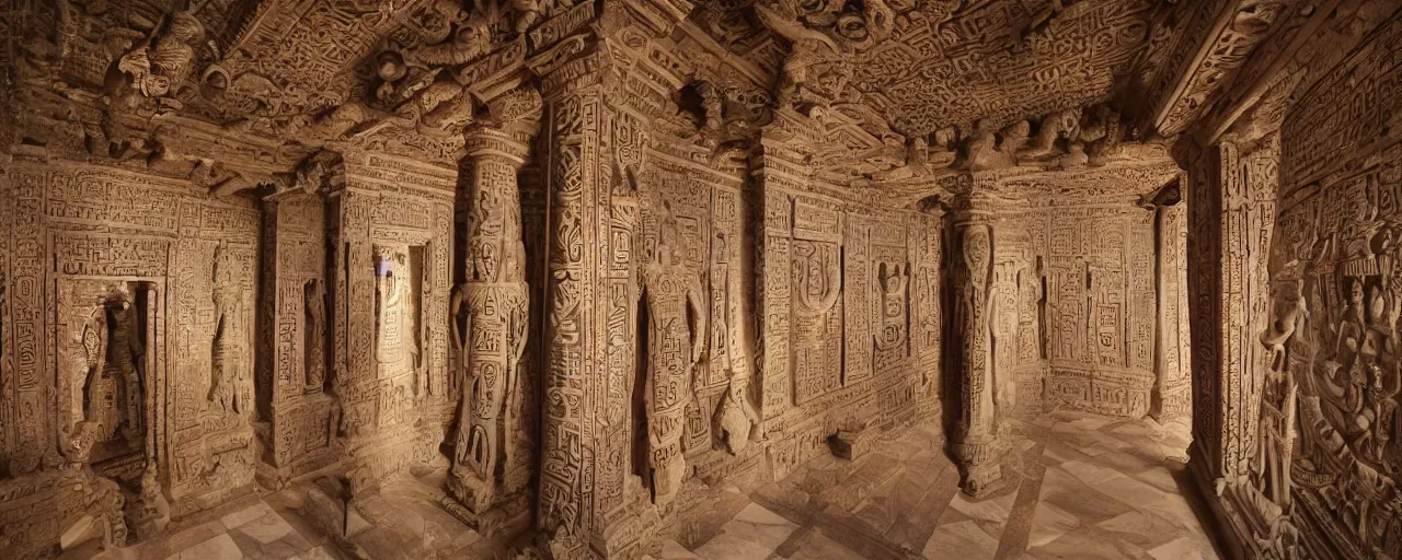 Image similar to temples intricately carved with language of the gods, depicting species long extinct and ethereal beings, sanskit, hieroglyphs, artistic carved into marble pillars at the entry way to heavan, high detail, cinema lens, cinematography, ethereal lighting - H 640