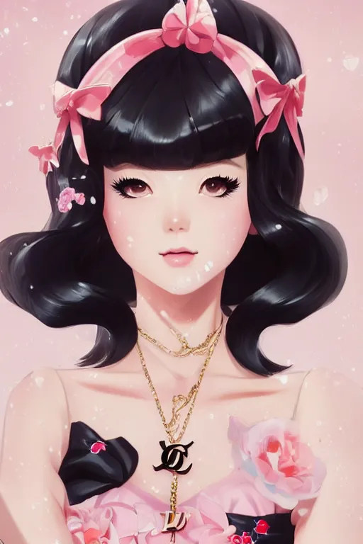 Image similar to a pin up and beautiful fashion dreamlke japan girl with lv jewelry, character art, art by artgerm and wlop and and ilya kuvshinov, hyperdetailed, 8 k realistic, symmetrical, frostbite 3 engine, cryengine, dof, trending on artstation, digital art, chanel, dior, fantasy background