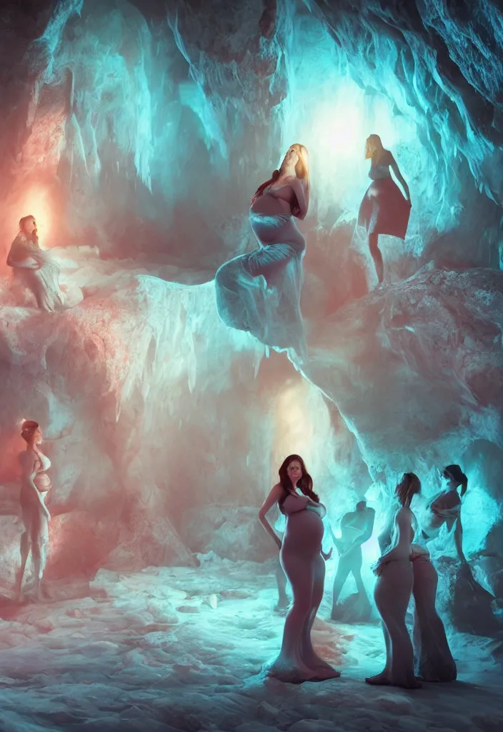 Image similar to epic pregnant woman talking to all her tribe with fluorescence bodies, proud people gather around the pregnant woman, ice cave, facinating, fantasy digital art, octane render, beautiful coherent composition, trending on artstation, matte painting, masterpiece