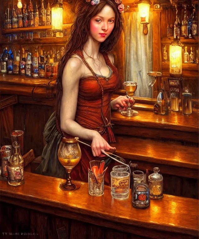 Prompt: hyperrealistic mixed media painting of a beautiful barmaid, dimly lit cozy tavern, relaxed pose, medieval d&d mood, several drinking patrons, intricate, wild, highly detailed, digital painting, artstation, concept art, smooth, sharp focus, illustration, art by Tim Okamura and Gerald Brom, perfect facial symmetry, vibrant deep colors, intricate, epic composition, grim yet sparkling atmosphere, dim volumetric lighting, 8k octane beautifully detailed render, post-processing, extremely hyperdetailed, cinematic lighting + masterpiece, trending on artstation