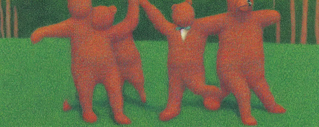 Prompt: teddy bear shakespeare in the park, from the terrifying and incomprehensible beyond, body horror, by david hockney, seurat