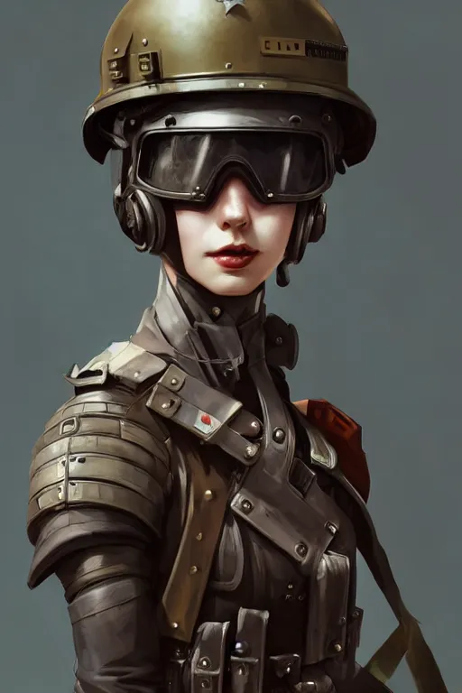 Image similar to dieselpunk soldier girl, helmet, shoulders, chest, portrait, armored, highly detailed, sharp focus, art, illustrations by wlop and ayanamikodon and irakli nadar and loish and rossdraws