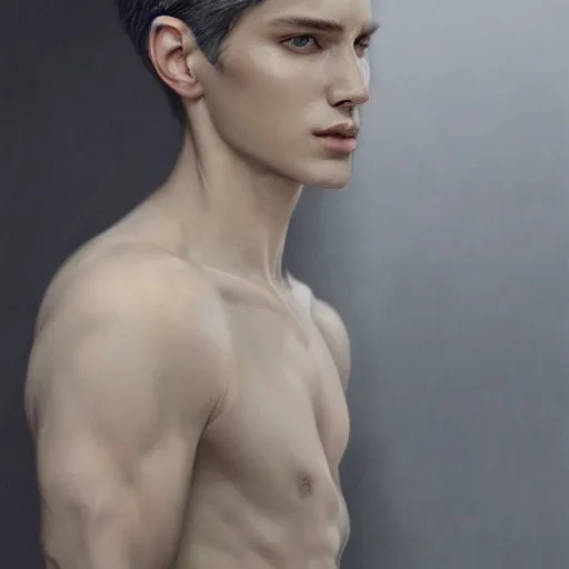 Image similar to ultra realistic illustration, young man with gray skin, short white hair, intricate, with dark clothes, elegant, highly detailed, digital painting, artstation, concept art, smooth, sharp focus, illustration, art by artgerm and greg rutkowski and alphonse mucha