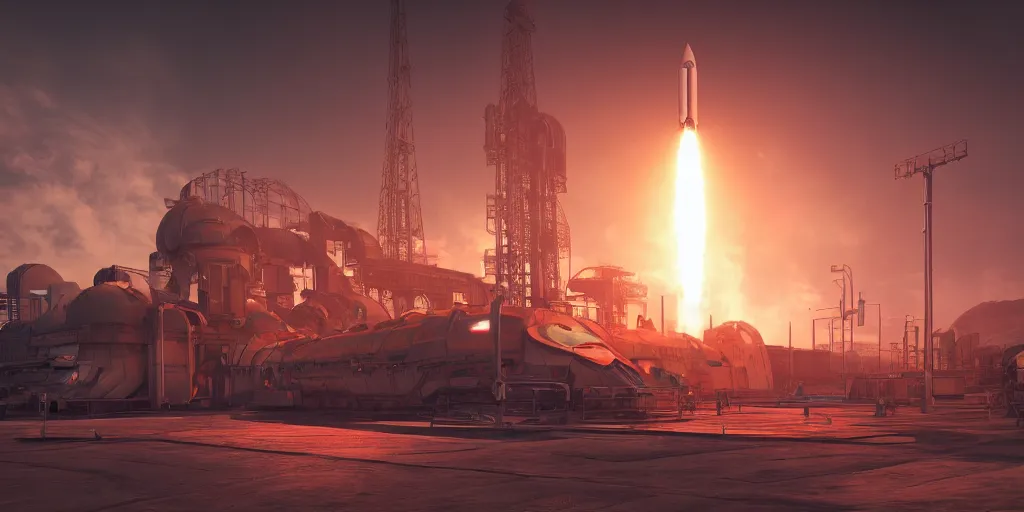 Prompt: futuristic steampunk rocket launch station, baikonur, stunning volumetric lighting, sundown, trending on Artstation, 8k, photorealistic, hyper detailed, unreal engine 5, cinematic, epic lighting, cryengine, octane render, cyberpunk, red and orange glow