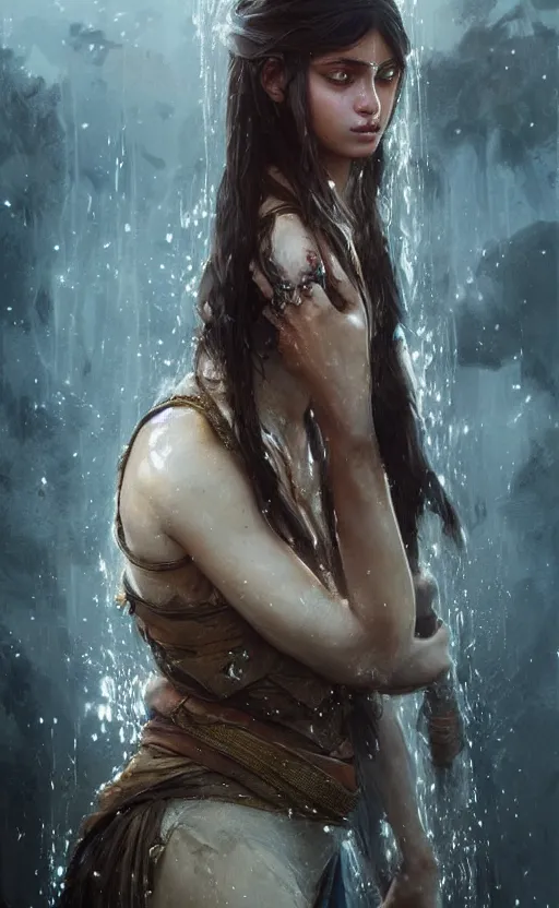 Image similar to The most beautiful arabian warrior girl in the world crying water,digital art,ultra realistic,ultra detailed, ultra wide Lens, art by greg rutkowski