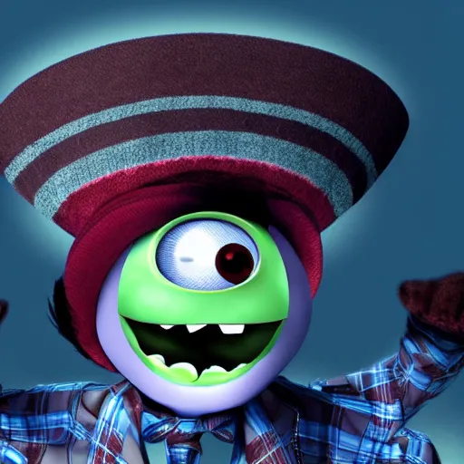 Prompt: a madhatter looking through an M shaped hole directly at the camera, pixar animations. 3D, spooky, funny, cute, tartan hat, 16k resolution, looney tunes