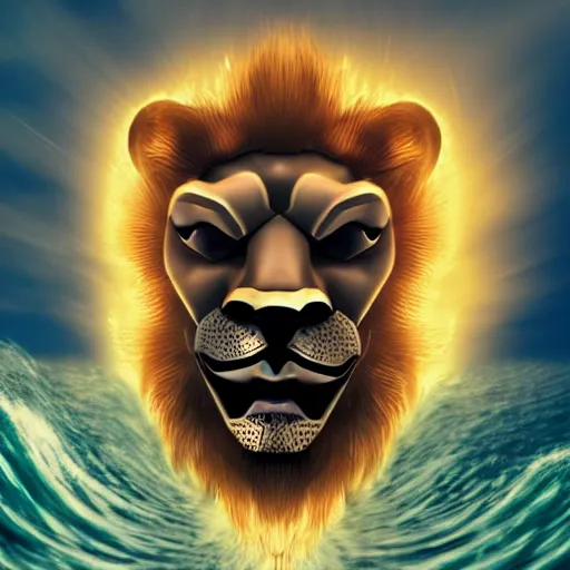 Image similar to anonymous guy fawkes as lion face breaching through a wave, sunny weather, ocean sprites, closeup of face, trending on artstation, dark lighting, face encircled by ocean wave