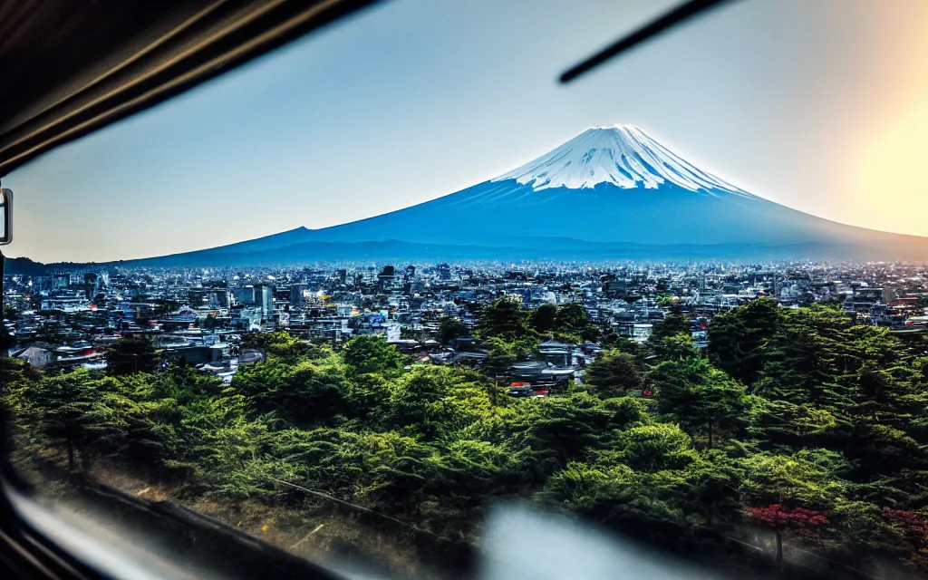 Image similar to a photo of mount fuji, among beautiful japanese landscapes, seen from a window of a train. dramatic lighting.