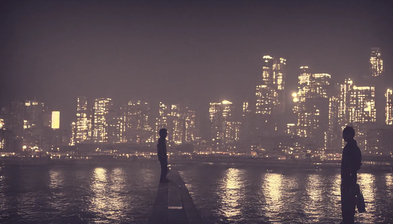 Image similar to 80s asian neon movie still with a lone man on a pier overlooking the river at night with city lights behind his back. Fallen angels movie still. hyperrealistic, high definition, medium format photography, highly detailed, tehnicolor, anamorphic 50mm lens