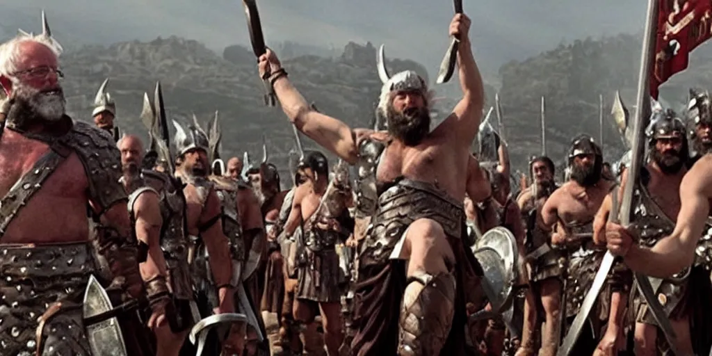 Image similar to Bernie Sanders dressed as Leonidas, with Leonidas beard, leading Spartans into battle, in screenshot from the 300 movie