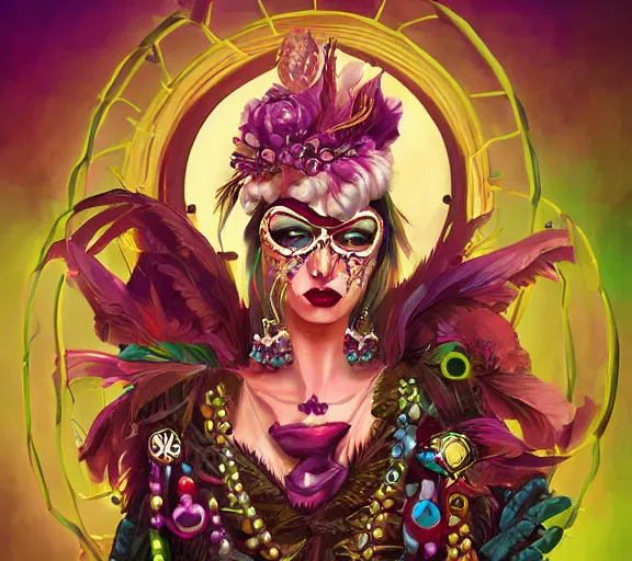 Image similar to beautiful female character inspired by new orleans mardi gras and street art vampire bounty hunter | | digital artwork made by greg rutswork, anna dittmann and lois van barlee, symmetrical rim light, anatomically correct