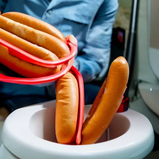 Prompt: many hotdogs being flushed down a toilet