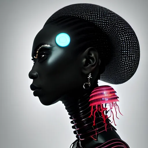 Prompt: portrait of an absurdly beautiful, graceful, sophisticated, fashionable black cyberpunk mechanoid gravure idol, hyperdetailed illustration by irakli nadar, adut akech, matt wisniewski style, intricate linework, dark black porcelain skin, jellyfish headdress, unreal engine 5 highly rendered, global illumination, red light, detailed and intricate environment