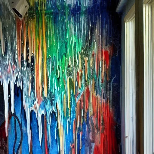 Prompt: acril painting on the wall with fluid art in the old house