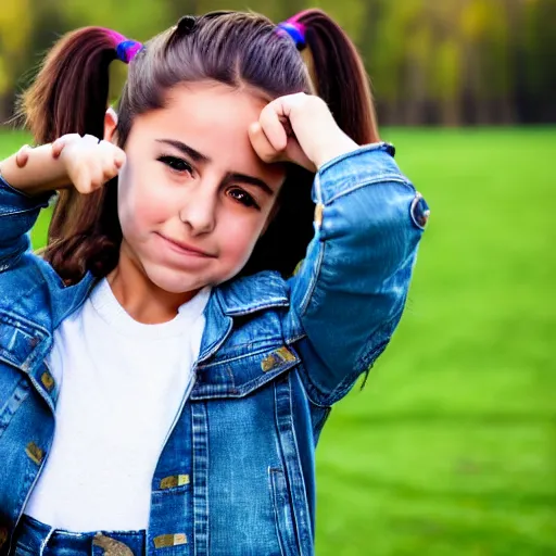 Image similar to a young spanish girl plays on a great green meadow, she wears a jacket, jeans and boots, she has ponytails, photo taken by a nikon, highly detailed, sharp focus