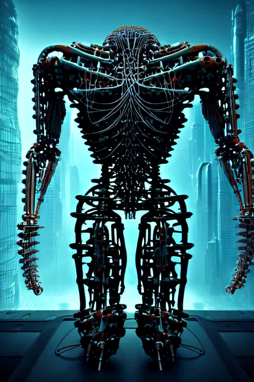 Image similar to photograph of a beautiful, bulky biomechanical creature that has a humanoid face, cinematic, realistic, hyperdetailed, futuristic, cyberpunk