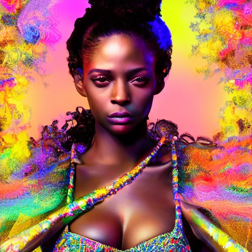 Prompt: the portrait of the absurdly beautiful, graceful, elegant, gorgeous, innocent black glamour model made with rainbow crystals, an ultrafine hyperdetailed illustration by kim jung gi, irakli nadar, intricate linework, bright colors, octopath traveler, final fantasy, unreal engine 5 highly rendered, global illumination, radiant light, intricate environment