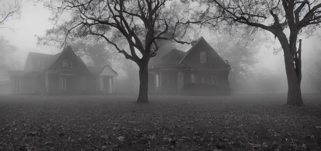 Image similar to opening cinematic shot from a horror movie about a haunted house, establishing shot, wide angle lens, dramatic lighting, fog, southern gothic