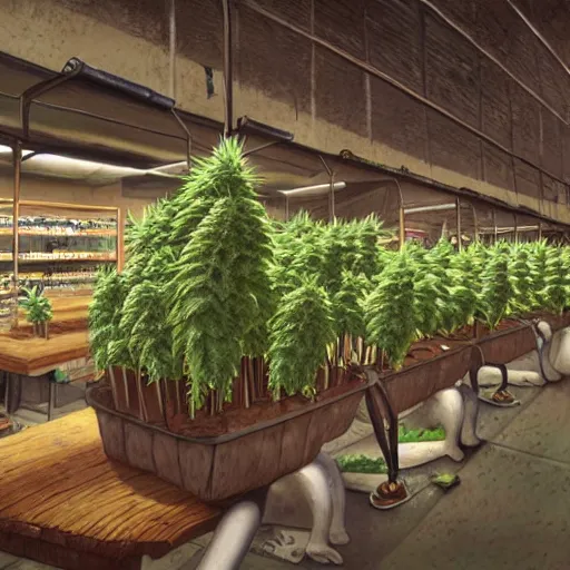 Prompt: bustling economy organised retail cannabis leaf in a pot industry, aussie, fun concept digital art, environment portrait by steve hanks, australia rendered in pixar