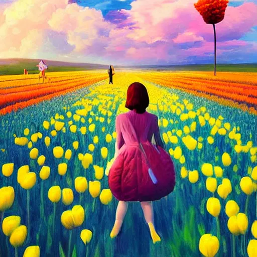 Image similar to girl with a single giant tulip as a head, surreal photography, flower field, sunset dramatic light, impressionist painting, colorful clouds, blue sky, digital painting, artstation, simon stalenhag