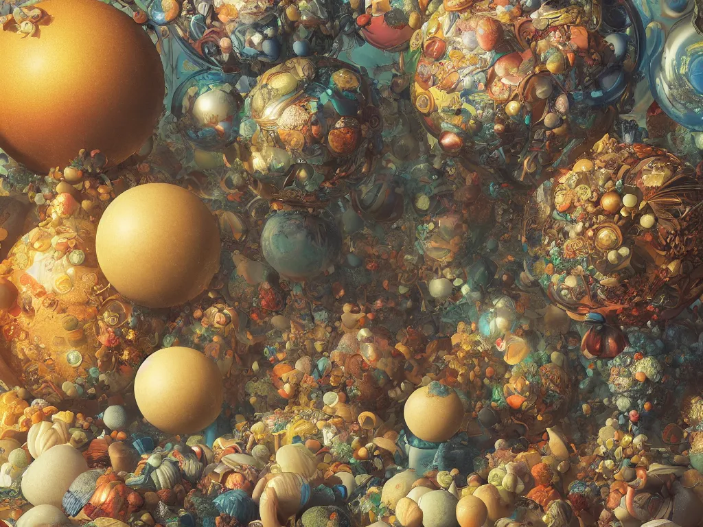 Image similar to 3 d render, sunlight study, the universe is a spheroid region 7 0 5 meters in diameter, art nouveau, by jan davidz de heem and ( ( ( ( ( lisa frank ) ) ) ) ), 8 k, sharp focus, octane render