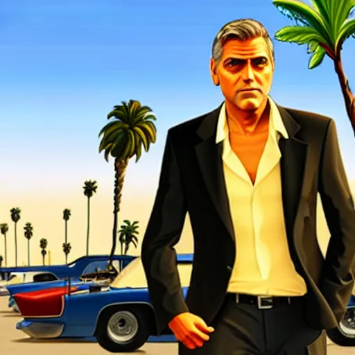 Image similar to george clooney in gta v. los santos in background, palm trees in the art style of stephen bliss