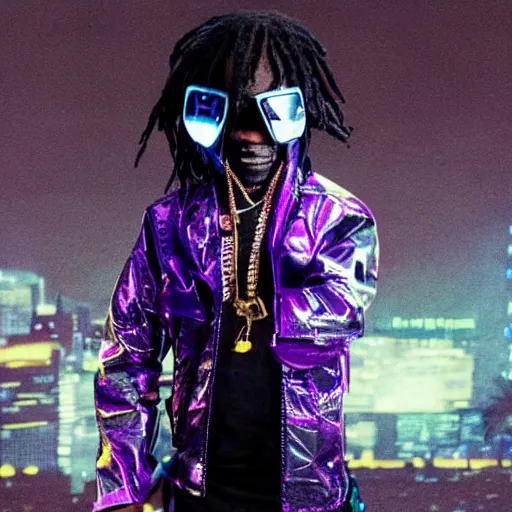 Prompt: chief keef wearing a cyberpunk outfit
