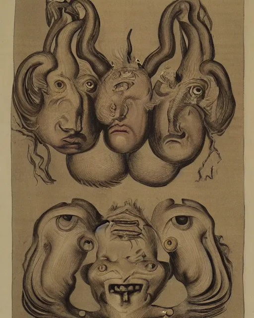 Image similar to a creature with four heads. one human head, second eagle head, third lion head, fourth ox head. drawn by francis bacon