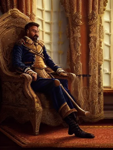 Image similar to a pleasured noble man siting in his armchair. intricate, elegant, highly detailed, digital painting, artstation, concept art, sharp focus, illustration, by justin gerard and artgerm, 8 k