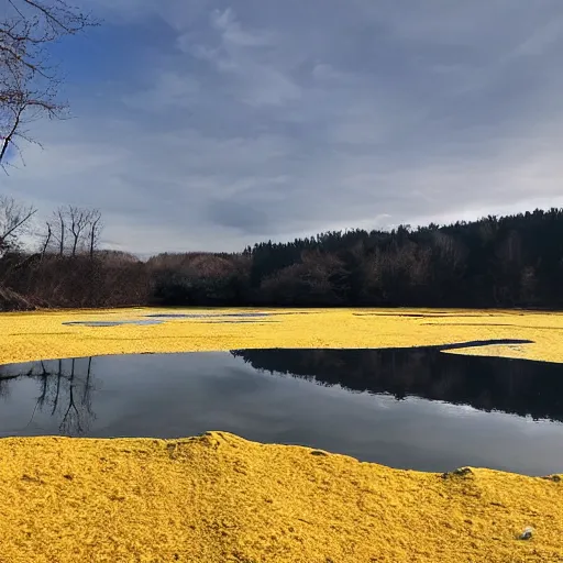 Prompt: lake with water like yellowed parchment and stepped on by a muddy frost giant