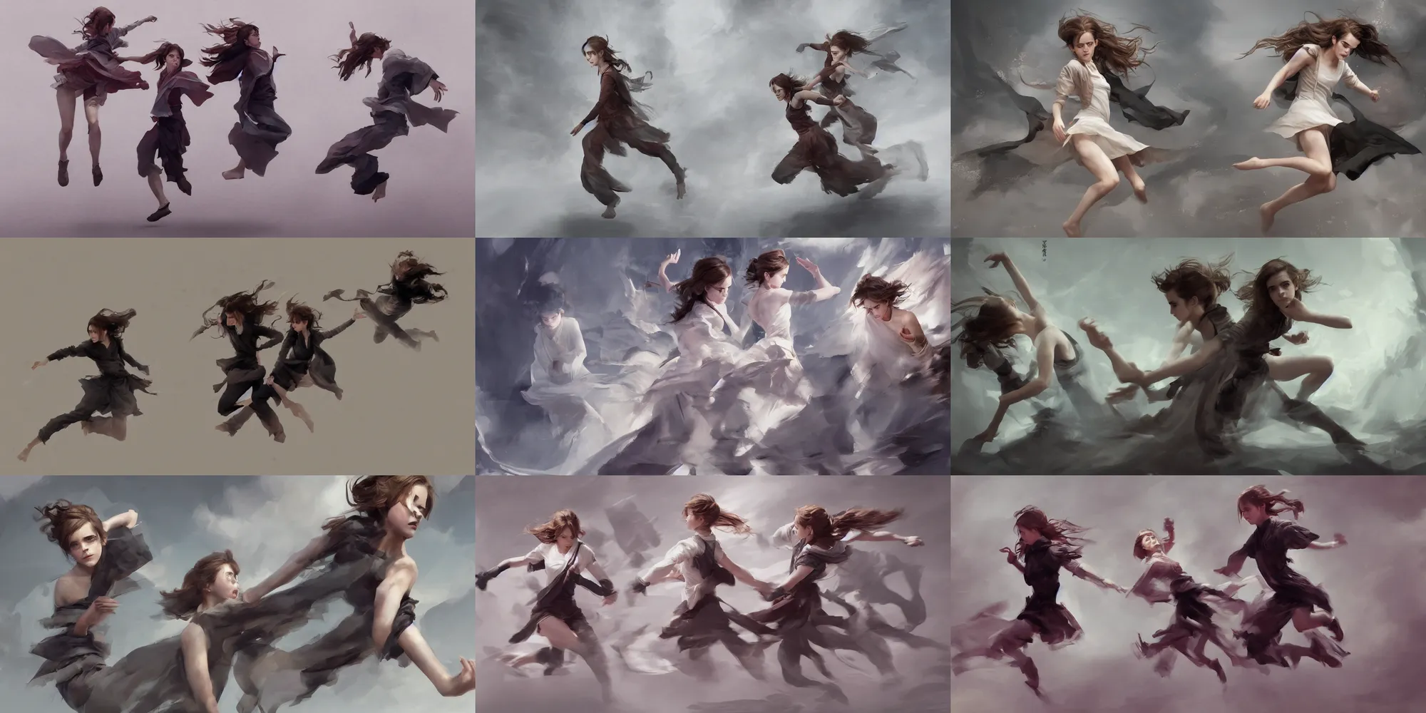 Prompt: emma watson emma watson photo emma watson portrait twin sisters action motion poses motion blur taolu jianshu, nanquan, changquan, daoshu, gunshu, qiangshu, nandao and nangun sketch greg rutkowski extreme fractal foreshortening founding masters 祖 師