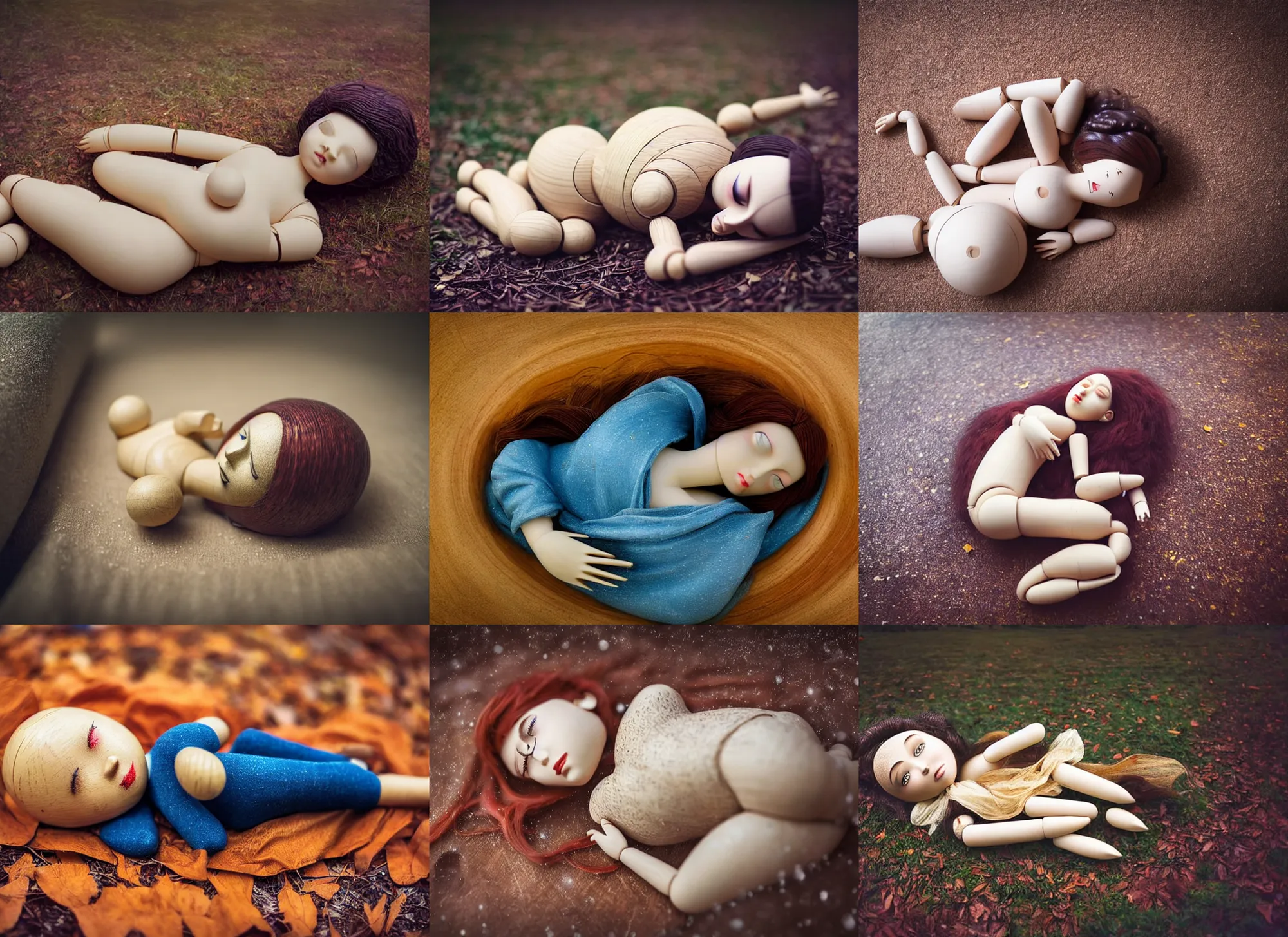 Prompt: low camera angle long shot telephoto lens full body photograph a beautiful female ball - jointed wooden art doll lying on her side curled up asleep, professional photography, dslr, in the rain, bokeh, by raphael, by agostino arrivabene, soft light