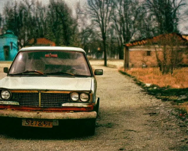 Image similar to a lomographic photo of old lada 2 1 0 7 standing in typical soviet yard in small town, hrushevka on background, cinestill, bokeh