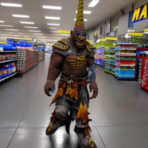 Image similar to orc warrior shopping at walmart