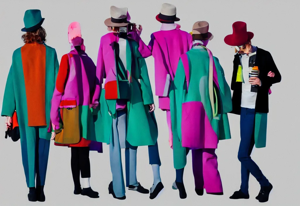 Image similar to full body portrait of a trio of young fashionable european tourists long pattern coat travel apparel, with nikon cameras, sightseeing various poses shooting photos, character designs painting, in the style of wes anderson, rene magritte, lola dupre, david hockney, isolated on white background, dark monochrome neon spraypaint accents volumetric octane render