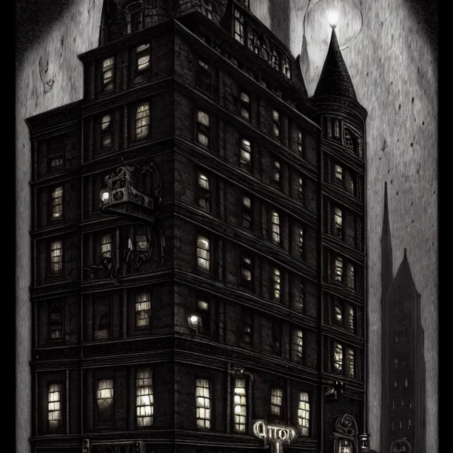 Prompt: haunted gothic hotel, 1920s boston overlooking a dark street, lovecraft, paul carrick, photorealistic, dark, atmospheric lighting, intricate, ultra detailed by Paul Carrick, Lee Gibbons, well composed, best on artstation, cgsociety, epic, stunning, gorgeous, intricate detail, wow, masterpiece