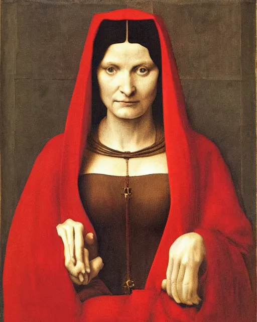 Prompt: a painting of a woman in a red cloak, a flemish baroque by antonello da messina, behance, pre - raphaelitism, da vinci, pre - raphaelite, dutch golden age