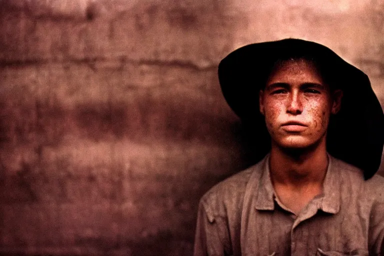 Prompt: a closeup cinematic!! headshot photograph!! of a male, stood in a factory, dirt, film still, cinematic lighting, by bill henson