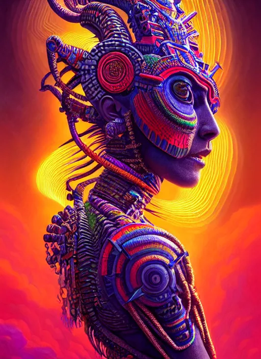 Image similar to hyper detailed ultra sharp 3 d render like a oil painting aztec serpent warrior princess, fractal plane, deep voyage, parallel existence, earthwave, colorful, neon, ornate, intricate, digital painting, concept art, smooth, sharp focus, illustration, art by artgerm and greg rutkowski and h. r. giger, 8 k