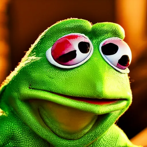 Image similar to hyperrealist highly detailed English medieval portrait of Kermit the Frog as Geralt of Rivia, concept art pascal blanche dramatic studio lighting 8k wide angle shallow depth of field