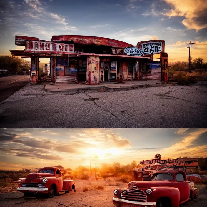 Image similar to a sunset light landscape with historical route 6 6, lots of sparkling details and sun ray ’ s, blinding backlight, smoke, volumetric lighting, colorful, octane, 3 5 mm, abandoned gas station, old rusty pickup - truck, beautiful epic colored reflections, very colorful heavenly, softlight