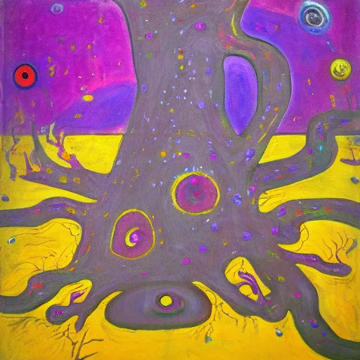 Prompt: a painting of a tree with a purple circle in the center, an ultrafine detailed painting by Asger Jorn, pixiv contest winner, gutai group, oil on canvas, metaphysical cosmic horror, neo-primitive brutal artwork, 8K